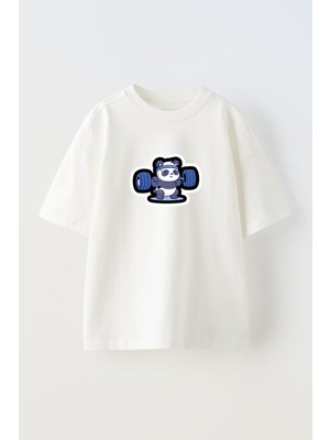Nmg Tekstil Unisex Beyaz Oversize Pamuk Sporcu Panda Baskılı Örme T-Shirt