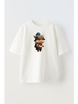 Nmg Tekstil Unisex Beyaz Oversize Pamuk Teemo Lol Baskılı Örme T-Shirt