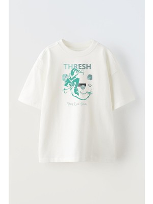 Nmg Tekstil Unisex Beyaz Oversize Pamuk Thresh Lol Baskılı Örme T-Shirt