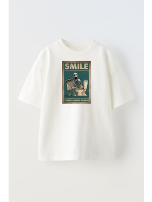 Nmg Tekstil Unisex Beyaz Oversize Pamuk Smile Kurukafa Baskılı Örme T-Shirt