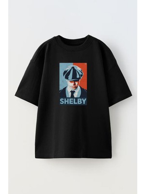 Nmg Tekstil Unisex Siyah Oversize Pamuk Kasket Shelby Baskılı Örme T-Shirt