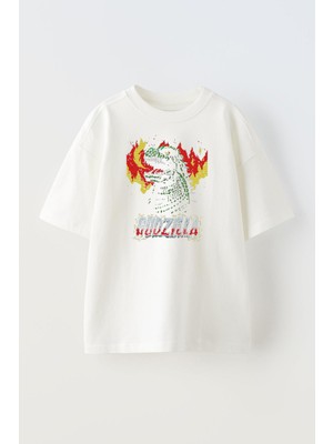 Nmg Tekstil Unisex Beyaz Oversize Pamuk Godzilla Dinazor Baskılı Örme T-Shirt