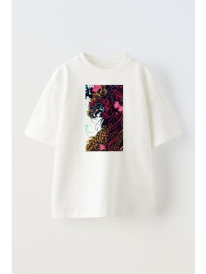 Nmg Tekstil Unisex Beyaz Oversize Pamuk Karmaşık Desen Yosun Çiçek Baskılı Örme T-Shirt