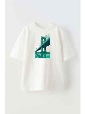 Nmg Tekstil Unisex Beyaz Oversize Pamuk Mavi Köprü Baskılı Örme T-Shirt