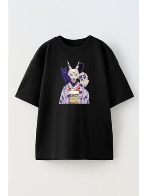 Nmg Tekstil Unisex Siyah Oversize Pamuk Boynuzlu Kedi Öğrencileri Baskılı Örme T-Shirt