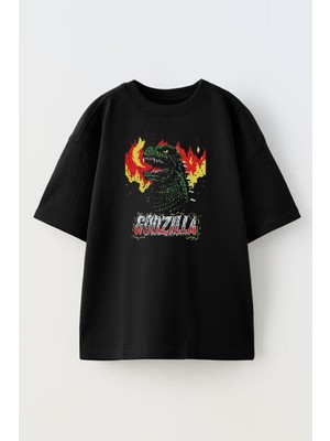 Nmg Tekstil Unisex Siyah Oversize Pamuk Godzilla Dinazor Baskılı Örme T-Shirt