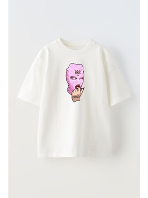 Nmg Tekstil Unisex Beyaz Oversize Pamuk Bbc Pembe Kar Maskesi Baskılı Örme T-Shirt
