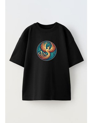 Nmg Tekstil Unisex Siyah Oversize Pamuk Anka Kuşu Yeşil Sarı Baskılı Örme T-Shirt