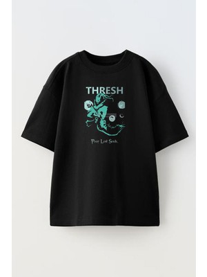 Nmg Tekstil Unisex Siyah Oversize Pamuk Thresh Lol Baskılı Örme T-Shirt