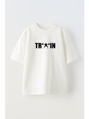 Nmg Tekstil Unisex Beyaz Oversize Pamuk Train Halter Baskılı Örme T-Shirt