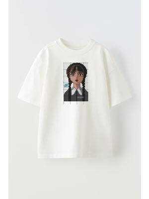 Nmg Tekstil Unisex Beyaz Oversize Pamuk Wednesday Kız Baskılı Örme T-Shirt