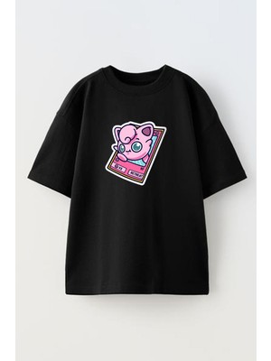 Nmg Tekstil Unisex Siyah Oversize Pamuk Powerpuff Pokemon Baskılı Örme T-Shirt
