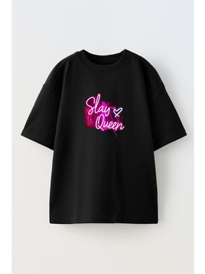 Nmg Tekstil Unisex Siyah Oversize Pamuk Slay Queen Baskılı Örme T-Shirt