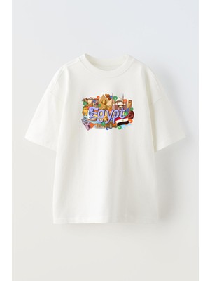 Nmg Tekstil Unisex Beyaz Oversize Pamuk Mısır Şehir Poster Baskılı Örme T-Shirt