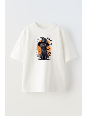 Nmg Tekstil Unisex Beyaz Oversize Pamuk Yarasa Kedi Şirin Baskılı Örme T-Shirt
