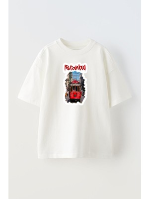 Nmg Tekstil Unisex Beyaz Oversize Pamuk Istanbul Taksim Tramvay Baskılı Örme T-Shirt