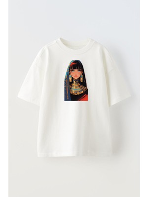 Nmg Tekstil Unisex Beyaz Oversize Pamuk Kleopatra Desen Baskılı Örme T-Shirt