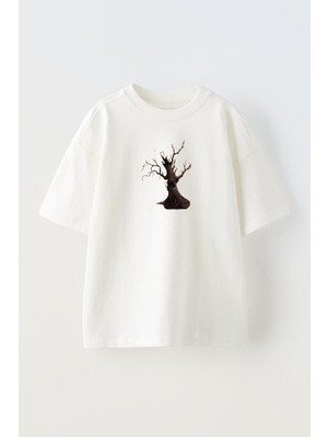 Nmg Tekstil Unisex Beyaz Oversize Pamuk Konuşan Ağaç Çınar Baskılı Örme T-Shirt