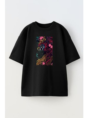 Nmg Tekstil Unisex Siyah Oversize Pamuk Karmaşık Desen Yosun Çiçek Baskılı Örme T-Shirt