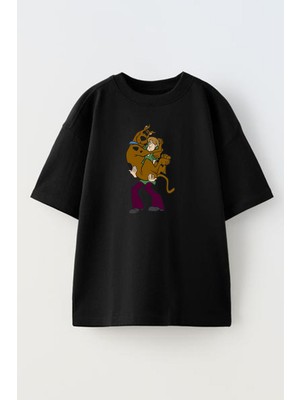 Nmg Tekstil Unisex Siyah Oversize Pamuk Scooby Doo Arkadaş Baskılı Örme T-Shirt
