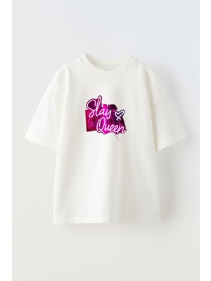 Nmg Tekstil Unisex Beyaz Oversize Pamuk Slay Queen Baskılı Örme T-Shirt