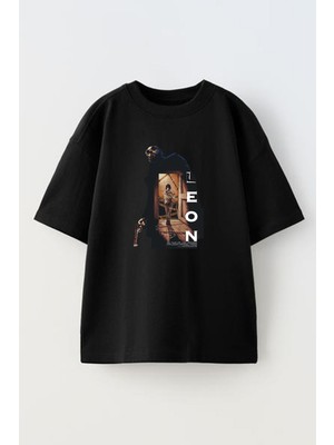 Nmg Tekstil Unisex Siyah Oversize Pamuk Leon Silah Baskılı Örme T-Shirt