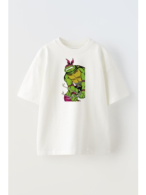 Nmg Tekstil Unisex Beyaz Oversize Pamuk Kaplumbağa Ninja Poster Baskılı Örme T-Shirt