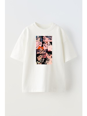 Nmg Tekstil Unisex Beyaz Oversize Pamuk Kare Makyaj Desenleri Baskılı Örme T-Shirt