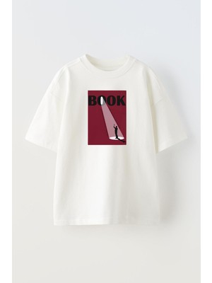 Nmg Tekstil Unisex Beyaz Oversize Pamuk Kitap Sahne Baskılı Örme T-Shirt