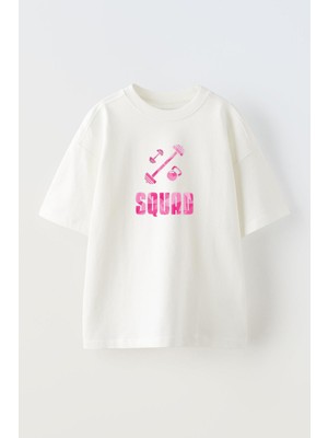 Nmg Tekstil Unisex Beyaz Oversize Pamuk Pembe Squat Baskılı Örme T-Shirt