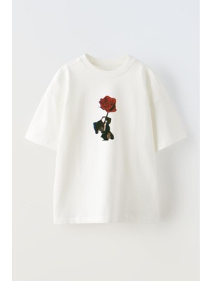 Nmg Tekstil Unisex Beyaz Oversize Pamuk Kırmızı Gül Resim Baskılı Örme T-Shirt