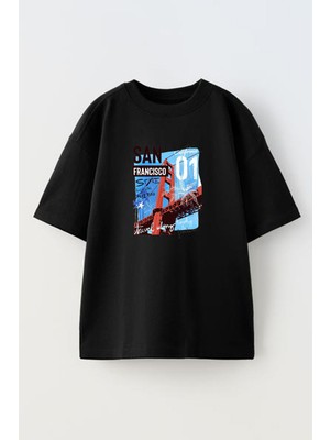 Nmg Tekstil Unisex Siyah Oversize Pamuk San Francico Köprü Poster Baskılı Örme T-Shirt