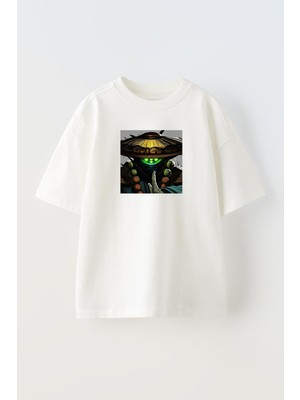 Nmg Tekstil Unisex Beyaz Oversize Pamuk Jax Lol Baskılı Örme T-Shirt