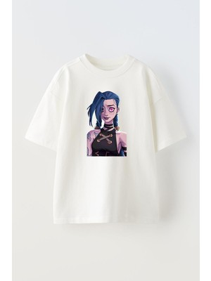 Nmg Tekstil Unisex Beyaz Oversize Pamuk Jinx Lol Adc Baskılı Örme T-Shirt
