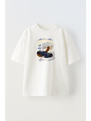 Nmg Tekstil Unisex Beyaz Oversize Pamuk Mustang Araba Baskılı Örme T-Shirt