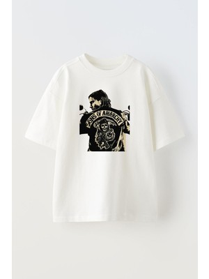 Nmg Tekstil Unisex Beyaz Oversize Pamuk Sons Of Anargy Baskılı Örme T-Shirt