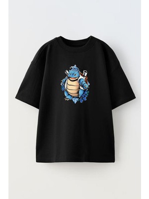 Nmg Tekstil Unisex Siyah Oversize Pamuk Pokemon Squrtiel Baskılı Örme T-Shirt