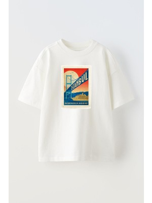 Nmg Tekstil Unisex Beyaz Oversize Pamuk Istanbul Köprü Baskılı Örme T-Shirt