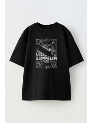 Nmg Tekstil Unisex Siyah Oversize Pamuk Led Zeppelin Baskılı Örme T-Shirt