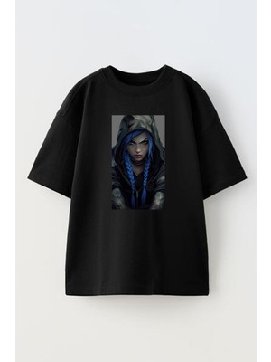 Nmg Tekstil Unisex Siyah Oversize Pamuk Mavi Örgülü Saçlı Kız Baskılı Örme T-Shirt