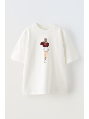 Nmg Tekstil Unisex Beyaz Oversize Pamuk College Girl Baskılı Örme T-Shirt