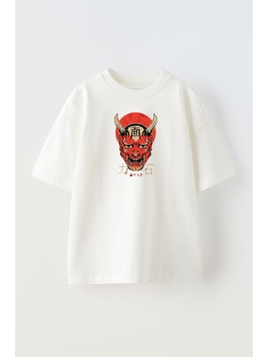 Nmg Tekstil Unisex Beyaz Oversize Pamuk Japon Kurukafa Kırmızı Baskılı Örme T-Shirt