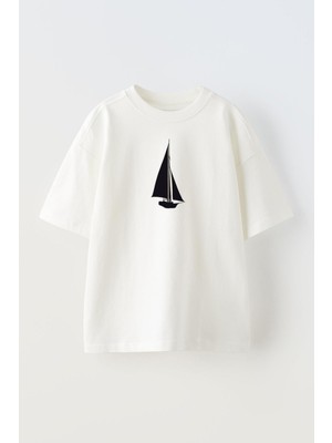 Nmg Tekstil Unisex Beyaz Oversize Pamuk Yelkenli Baskılı Örme T-Shirt