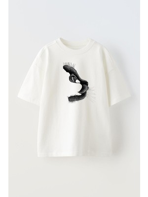 Nmg Tekstil Unisex Beyaz Oversize Pamuk Yavru Kedi Gri Baskılı Örme T-Shirt