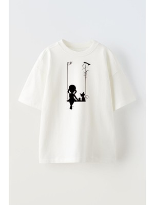 Nmg Tekstil Unisex Beyaz Oversize Pamuk Kedi Küçük Kız Salıncak Baskılı Örme T-Shirt