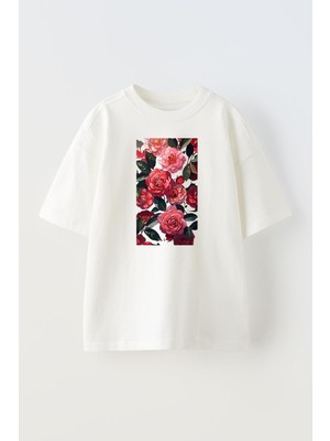 Nmg Tekstil Unisex Beyaz Oversize Pamuk Pembe Kırmızı Çiçek Resim Baskılı Örme T-Shirt