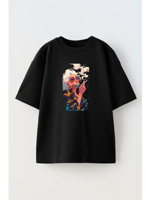 Nmg Tekstil Unisex Siyah Oversize Pamuk Desenli Gömlekli Kadın Baskılı Örme T-Shirt