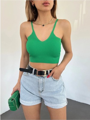 Fav Style Kadın Fitilli Askılı V Yaka Detaylı Crop Bluz