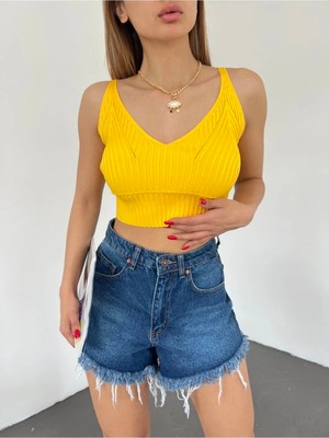 Fav Style Kadın V Yaka Fitilli Crop Triko Bluz