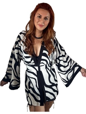 To The Moon & Sun Zebra Desen Keten Kimono Ceket